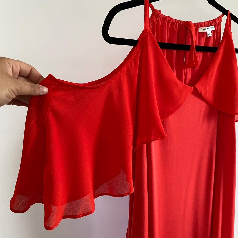 Formal Maxi dress with frilly sleeve overlay.